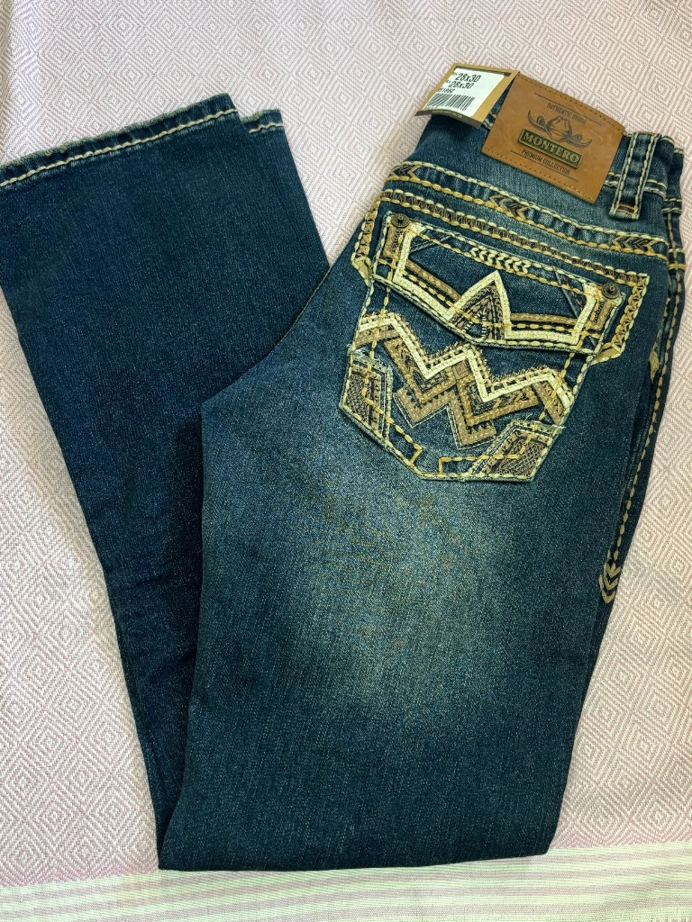 Mens Embroidered Jeans Montero Denim Pointed Stitched Pocket Modern Boot Jean